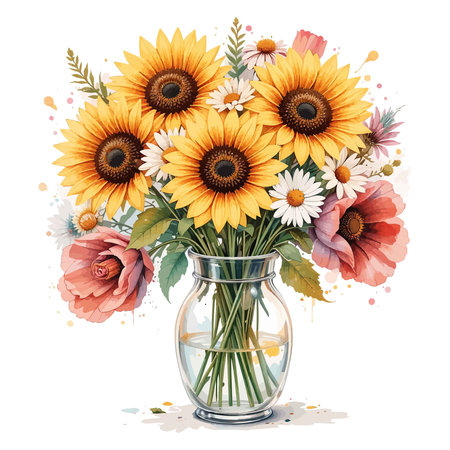 Bouquet of daisies and sunflowers in glass vase.のイラスト素材