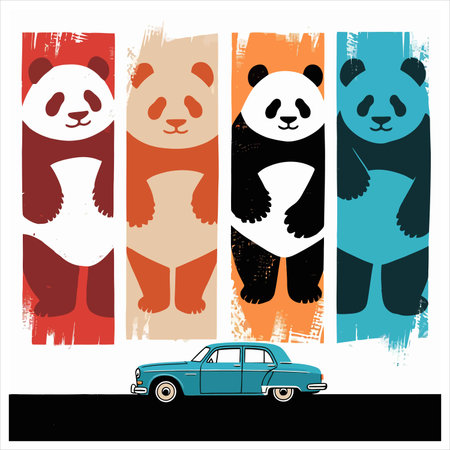 cute panda card with retro car - vector eps10のイラスト素材