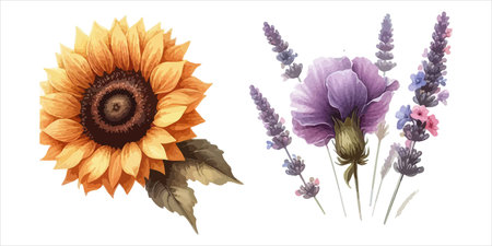 Set of hand drawn sunflowers and lavender flowers. Vector illustration.のイラスト素材