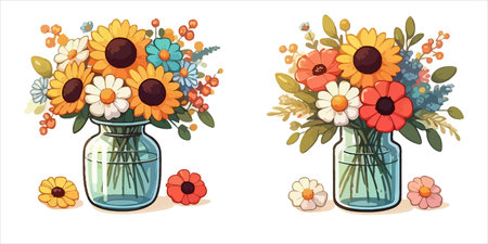 Bouquet of flowers in a glass vase. Vector illustration.のイラスト素材