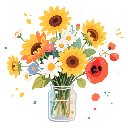 Bouquet of sunflowers in a glass vase. Vector illustration.のイラスト素材
