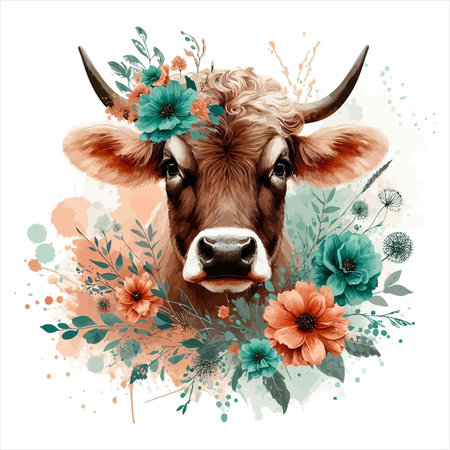 Watercolor portrait of a cow with a wreath of flowers. Vector illustration.のイラスト素材