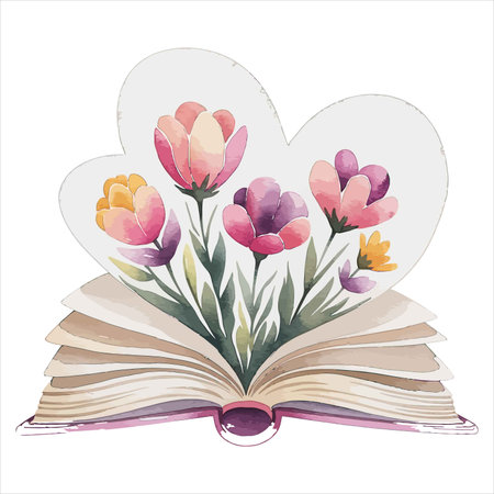 Open book with spring flowers in the shape of heart. Vector illustration.のイラスト素材