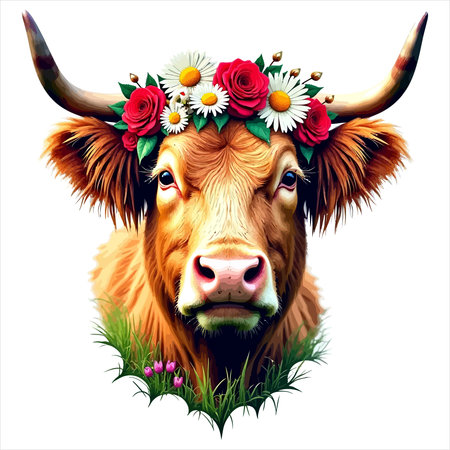 Cow with wreath of flowers on head. Vector illustration for your designのイラスト素材