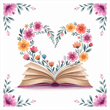 Open book in the shape of a heart with flowers and leaves.のイラスト素材