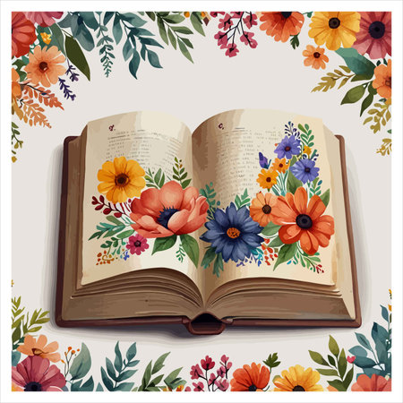 Open book with flowers and leaves on a light background. Vector illustration.のイラスト素材