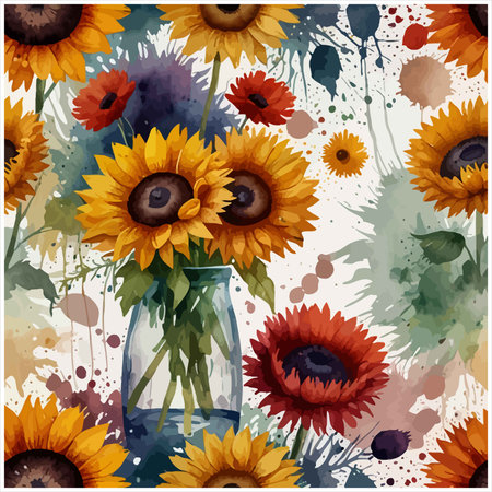 Vintage floral background with sunflowers and watercolor splashesのイラスト素材