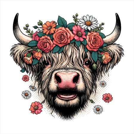 Hipster animal bull with floral wreath. Hand drawn vector illustrationのイラスト素材
