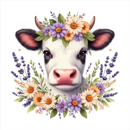 Cute cow in a wreath of wildflowers. Vector illustration.のイラスト素材