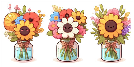 Bouquet of flowers in a glass jar. Vector illustration.のイラスト素材