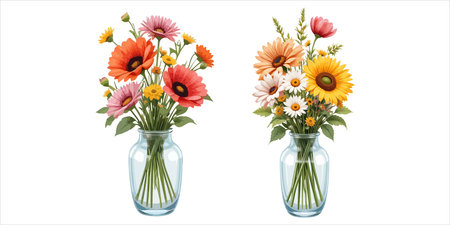 Flower bouquet in glass vase isolated on white background.のイラスト素材