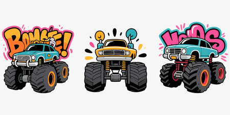 cartoon monster trucks, vector illustration for t-shirt print designのイラスト素材