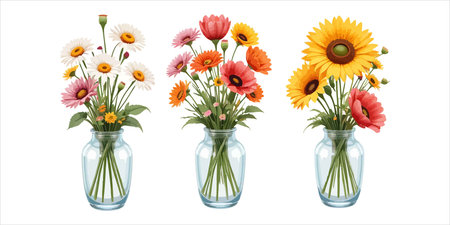 Bouquet of flowers in glass jar isolated on white background.のイラスト素材