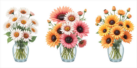 Bouquet of daisies in a glass vase. Vector illustration.のイラスト素材