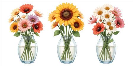 Set of colorful gerbera flowers in vase isolated on white backgroundのイラスト素材