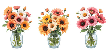 Bouquet of flowers in glass vase. Vector illustration.のイラスト素材