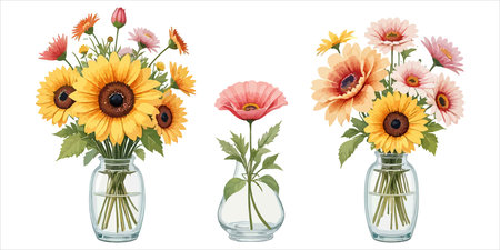 Set of beautiful flowers in glass vase isolated on white background. Vector illustration.のイラスト素材