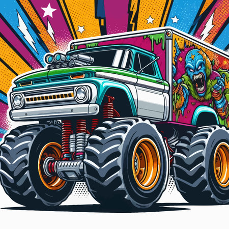 Vintage monster truck. Vector illustration of a monster truck on colorful background.のイラスト素材