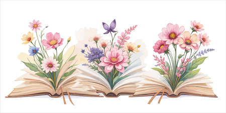 Open book with flowers and butterflies isolated on white background. Vector illustration.のイラスト素材