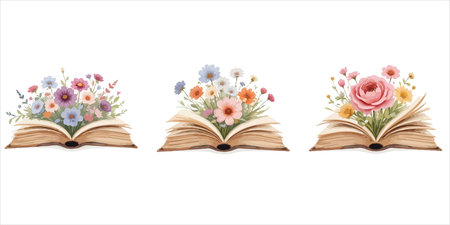 Open book with flowers and leaves isolated on white background. Vector illustration.のイラスト素材