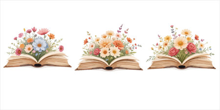 Open book with flowers and leaves isolated on white background. Vector illustration.のイラスト素材