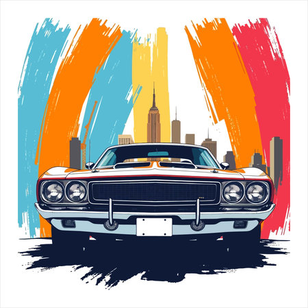 Retro car on the background of the city. Vector illustration.のイラスト素材