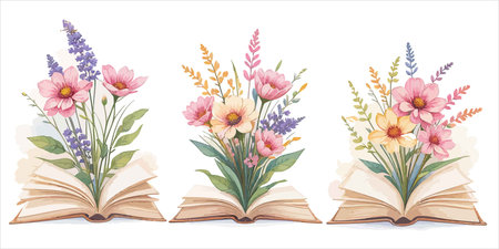 Set of vintage books with flowers. Vector illustration isolated on white background.のイラスト素材