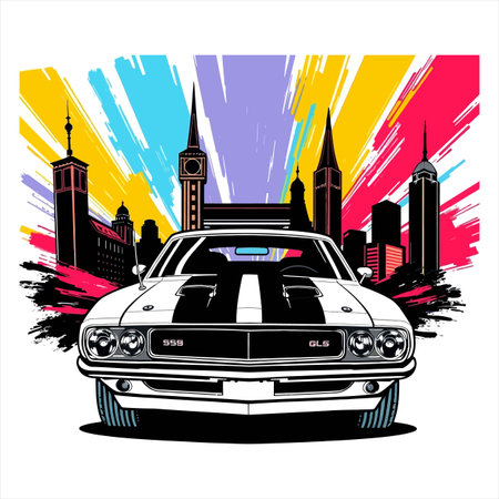 Retro car on the background of the city. Vector illustration.のイラスト素材