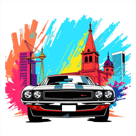 Retro car on the background of the city. Vector illustration.のイラスト素材