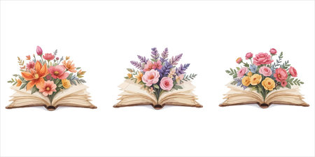 Set of vintage books with flowers. Isolated on white background.のイラスト素材