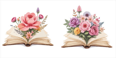 Set of vintage books with flowers. Vector illustration isolated on white background.のイラスト素材