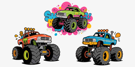 Cartoon monster trucks. Vector illustration of a monster truck on a white background.のイラスト素材
