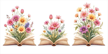 Open book with colorful flowers isolated on white background. Vector illustration.のイラスト素材