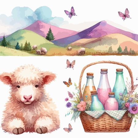 Set of hand drawn vector illustrations with cute sheep, basket, milk bottles, flowers and butterflies.のイラスト素材