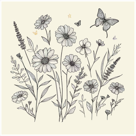 Hand drawn wildflowers, herbs and butterflies. Vector illustration.のイラスト素材