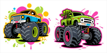 Cartoon monster trucks with splashes of colorful paint. Vector illustration.のイラスト素材