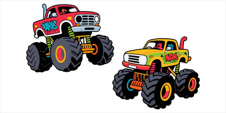Cartoon monster trucks isolated on a white background. Vector illustration.のイラスト素材