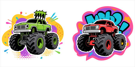 illustration of a four-wheel drive monster truck on colorful backgroundのイラスト素材