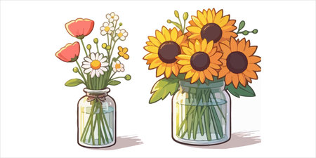 Bouquet of flowers in glass vase. Vector illustration.のイラスト素材