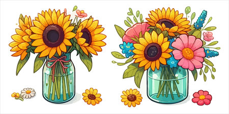Bouquet of sunflowers in a vase. Vector illustration.のイラスト素材