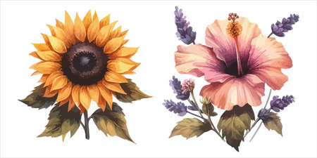 Set of hand drawn watercolor hibiscus flowers. Vector illustration.のイラスト素材