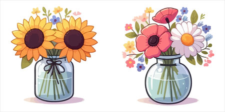 Flowers in glass vase. Vector illustration in cartoon style.のイラスト素材