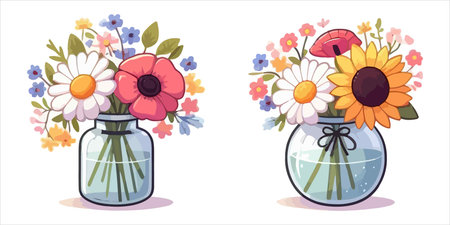 Flower bouquets in glass vases. Vector illustration.のイラスト素材