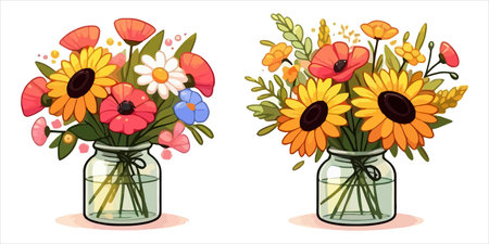 Bouquet of flowers in glass vase. Vector illustration.のイラスト素材