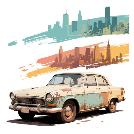 Vintage car and city skyline in grunge style. Vector illustration.のイラスト素材