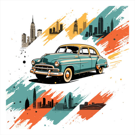 Retro car on the background of the city. Vector illustration.のイラスト素材