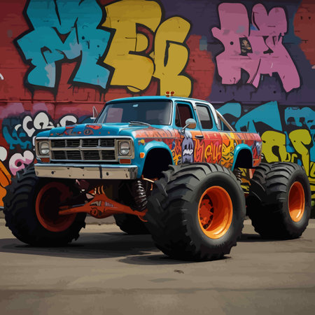 Illustration of a monster truck on the background of graffiti wall.のイラスト素材