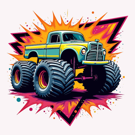 Vector illustration of a cartoon monster truck on colorful grunge background.のイラスト素材