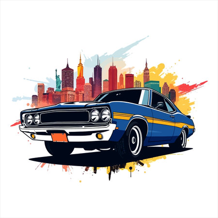 Retro car on the background of the city. Vector illustration.のイラスト素材