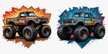 Vector illustration of a monster truck on a grunge background. Design elements for t-shirt and other uses.のイラスト素材